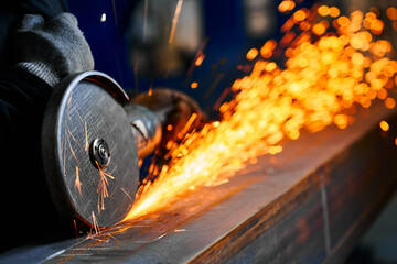 Cutting of metal beam with abrasive tool at metalwork plant