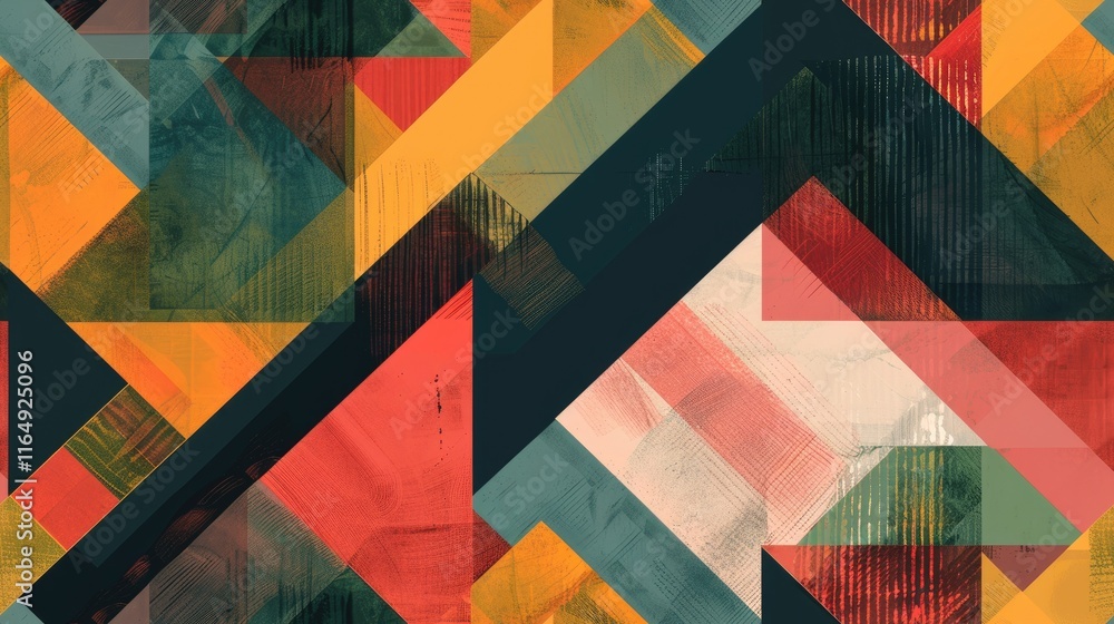 Poster abstract geometric pattern with vibrant colors and shapes creating a dynamic visual composition.