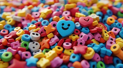Blue smiling heart among colorful beads and shapes.