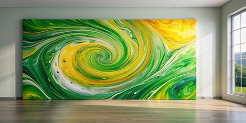 Abstract swirling green and yellow artwork displayed on a light wood floor in a minimalist room setting