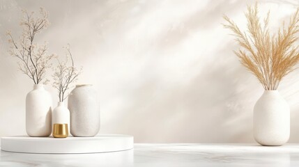 Serene Still Life: Elegant vases with dried flowers on a minimalist platform.