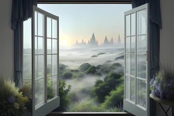 Fototapeta premium ゲーム背景 大きな窓のある朝焼けの異世界ホテル室内風背景 