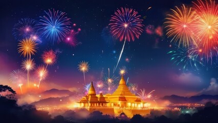 Naklejka premium Golden Pagoda Fireworks Extravaganza 