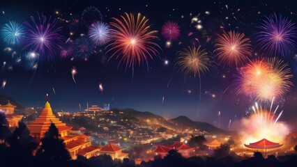 Night Sky Spectacle: Vibrant fireworks illuminate a cityscape nestled in rolling hills, creating a breathtaking display of light and color against the night sky.