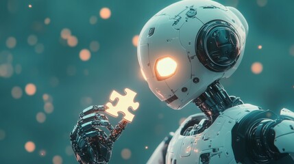 Fototapeta premium Futuristic Robot Holding Puzzle Piece in Abstract Background
