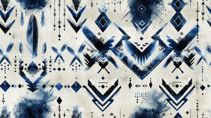 Abstract blue and white geometric pattern featuring arrows and shapes.