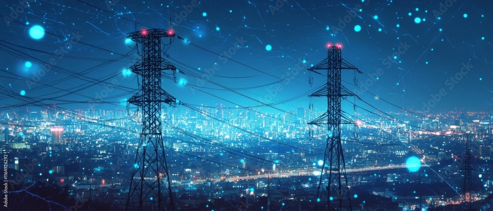 Poster night cityscape with power lines and glowing particles.