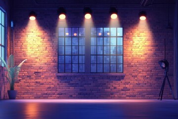 Fototapeta premium Illuminated Brick Wall Studio Night Scene With Lights