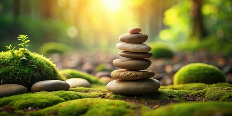 Serene Stack of Stones in a Lush, Sun-Drenched Forest Setting, Evoking Tranquility and Balance