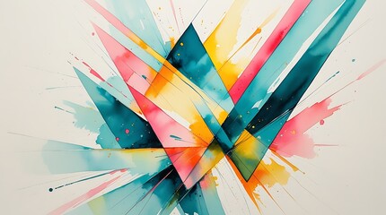 Fototapeta premium Vibrant abstract watercolor art featuring intersecting lines, splashes of pink, blue, yellow, and orange, creating a dynamic and energetic composition perfect for modern design, creativity, and artist