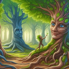 Living Forest Trees with faces and limbs communicating with each