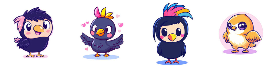 Obraz premium Colorful cartoon birds with vibrant feathers and playful expressions in a whimsical style perfect for fun designs and illustrations