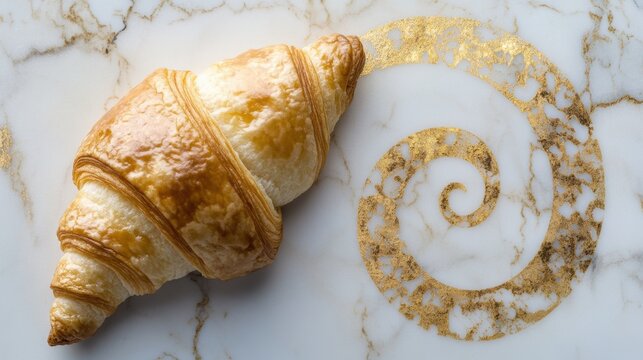 Elegant croissant on marble background with golden spiral, highlighting gourmet pastry finesse and luxurious culinary presentation. Perfect bakery delicacy.
