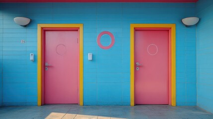 Colorful doors against a bright blue wall.