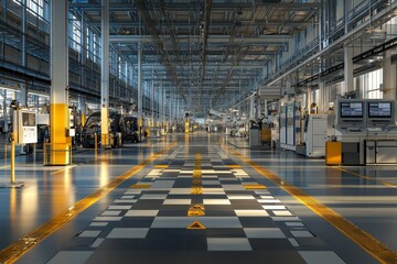Modern factory interior with machinery and clean floor.