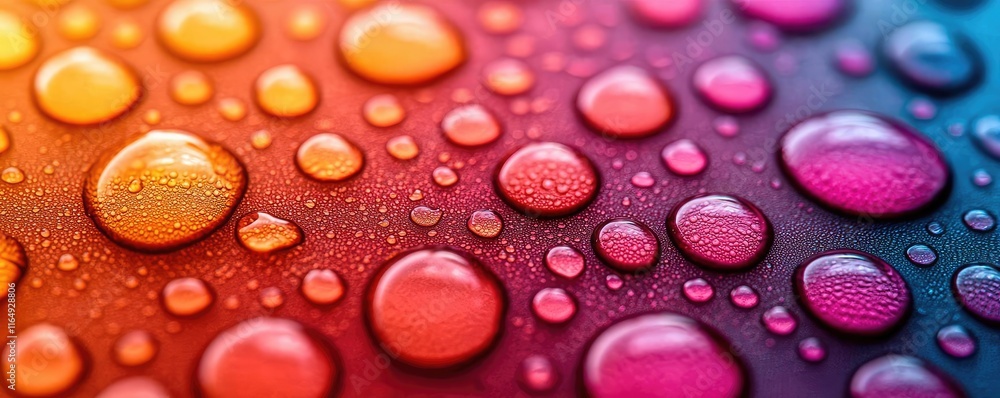 Poster droplets abstract background concept. close-up view of vibrant water droplets on a colorful surface 