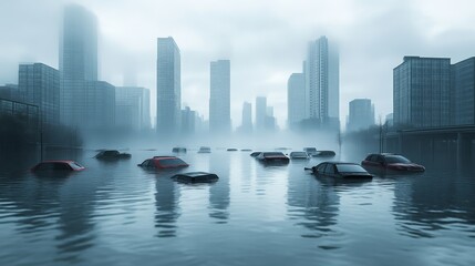 A misty cityscape flooded with water, featuring submerged cars and towering buildings, creating an eerie and dystopian atmosphere.