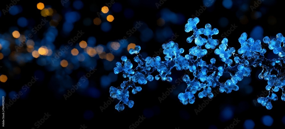 Aufkleber glowing blue molecule chain on dark background with bokeh.