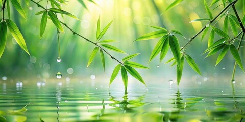 Serene Bamboo Branches Over Still Water, Dewdrops Reflecting Tranquil Nature