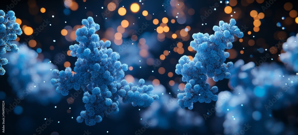 Poster abstract blue molecule structures glowing in dark background.