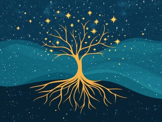Vibrant Tree with Golden Stars Against a Night Sky Background