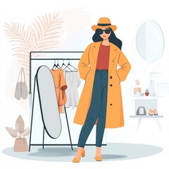 A fashionable woman in an orange coat poses in a stylish clothing boutique.
