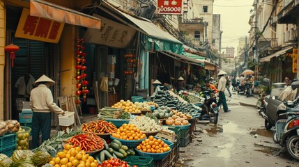 Vibrant Asian street market scene with colorful produce, vendors, and motorbikes.