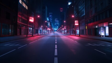 Fototapeta premium A deserted urban street at night, illuminated by neon lights, creating a futuristic and atmospheric scene.