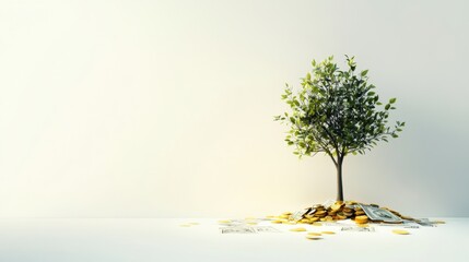 Thriving tree symbolizes financial growth and success, sprouting from abundant coins and cash, highlighting sustainable investment and prosperity.