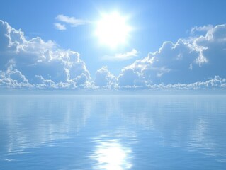 Sunny day, ocean, blue sky, white clouds, calm sea, bright sunlight reflection.