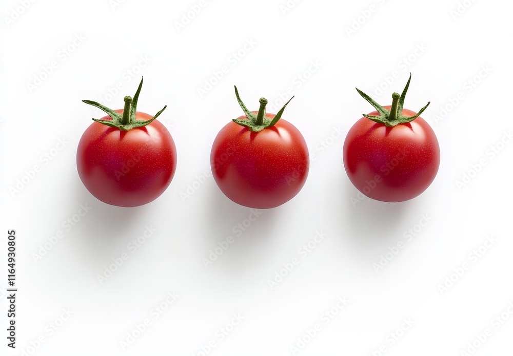 Poster three ripe red cherry tomatoes arranged in a row on a white background.