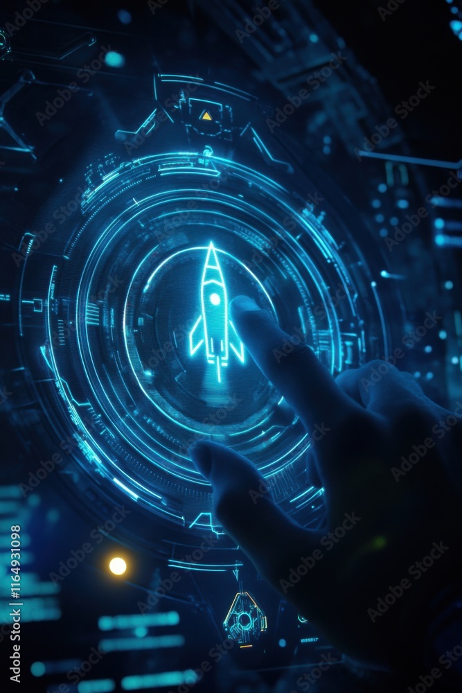 Poster futuristic interface hand interacting with a rocket launch hologram on a digital screen