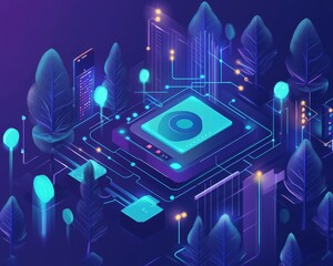 Futuristic Digital Technology Concept with Circuit and Trees Design