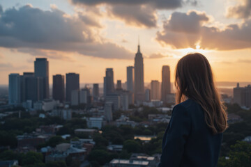 Naklejka premium a woman with long hair standing in front of a city skyline during sunset