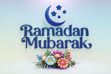 Fototapeta premium festive Ramadan Mubarak design with crescent moon with stars, colorful bouquet of flowers on soft gradient background. celebration blessings. Ideal for greetings, cards and festive decorations.