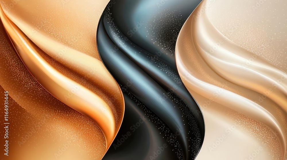 Poster sparkle abstract background idea. elegant flowing fabric textures in gold, black, and cream tones cr