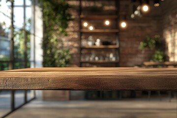 Rustic wooden table in a trendy cafe.