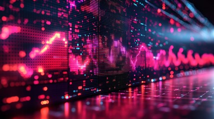 Abstract financial data visualization with glowing lines and charts on a digital screen.