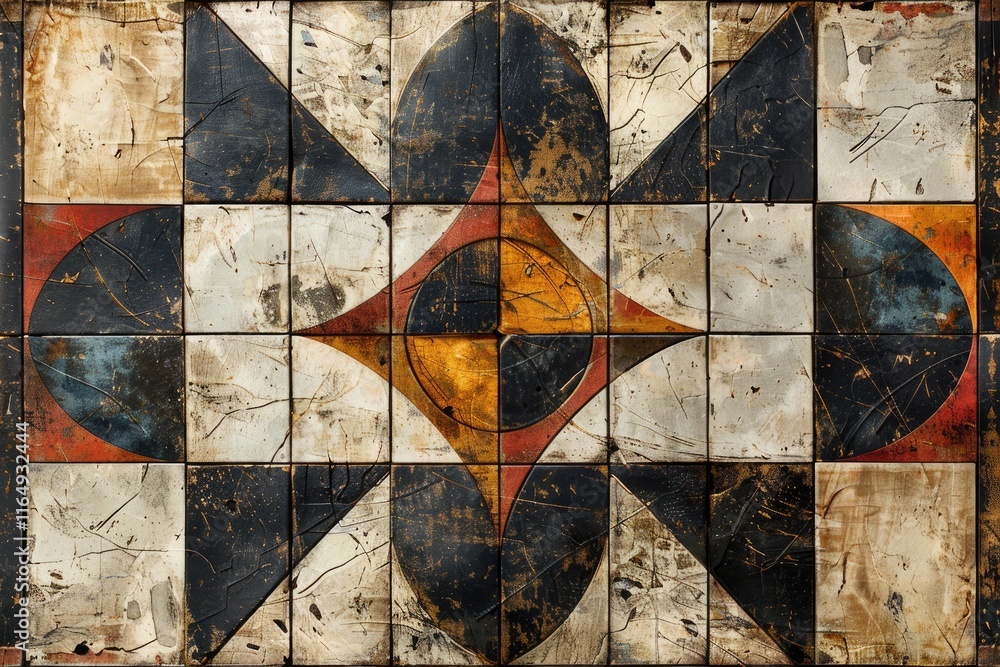 Poster a geometric abstract design featuring bold shapes and colors on a textured surface.