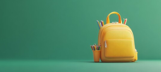 Yellow backpack with colorful pencils and pens on green background.