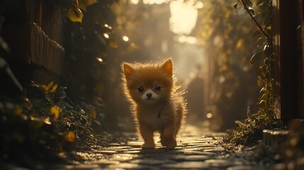 Obraz premium Adorable fluffy puppy walking on cobblestone path, backlit by golden sunlight.