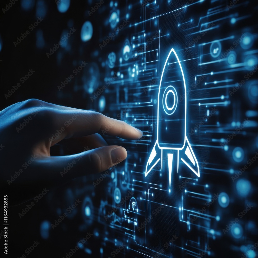 Poster digital innovation: hand interacting with a glowing rocket launch icon on a futuristic technology in