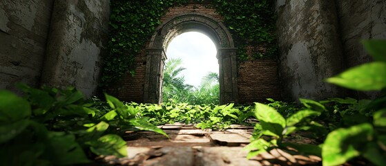 Naklejka premium A serene passageway framed by lush greenery, leading to a bright light, evokes tranquility and nature's beauty.