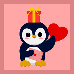 Draw happy penguin with little heart, gift and love message for Valentine day, perfect to sticker, mascot, clipart