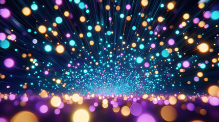 Vibrant digital explosion of colorful lights creating festive atmosphere. scene features blend of blue, purple, and orange orbs radiating outward, evoking joy and celebration