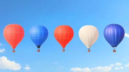 Fototapeta premium Colorful hot air balloons floating in a clear blue sky with fluffy clouds.