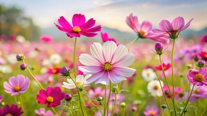 Fototapeta premium Colorful cosmos flowers blooming in a vast field with tall stalks and delicate petals, outdoors, garden