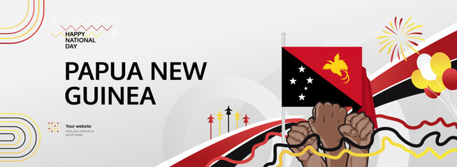 Papua New Guinea Independence Day greeting banner. September 16th is celebrated as Papua New Guinea National Day annually. Unique template with flag and raised fist. Papua Day illustration concept.