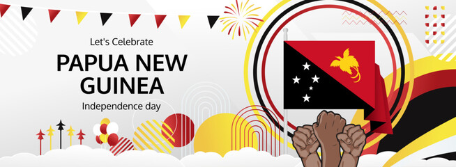 Papua New Guinea Independence Day greeting banner. September 16th is celebrated as Papua New Guinea National Day annually. Unique template with flag and raised fist. Papua Day illustration concept.