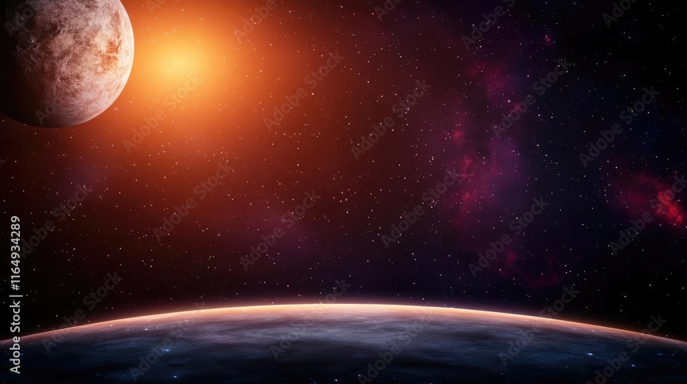 Poster cosmic abstract background concept. a stunning view of a cosmic landscape with planets and stars in 